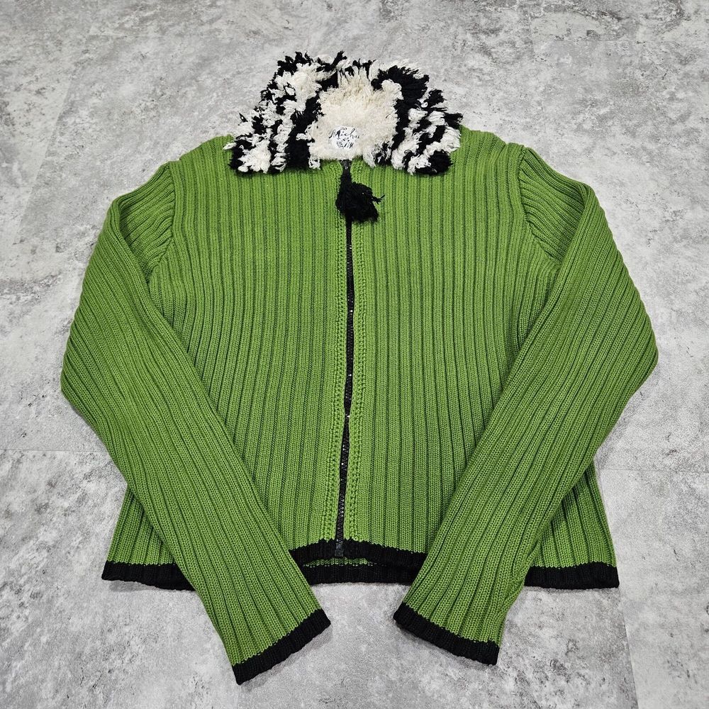 Vintage Michael Simon Womens Cardigan Large Green Ribbed Fringe Collar Wacky 90s